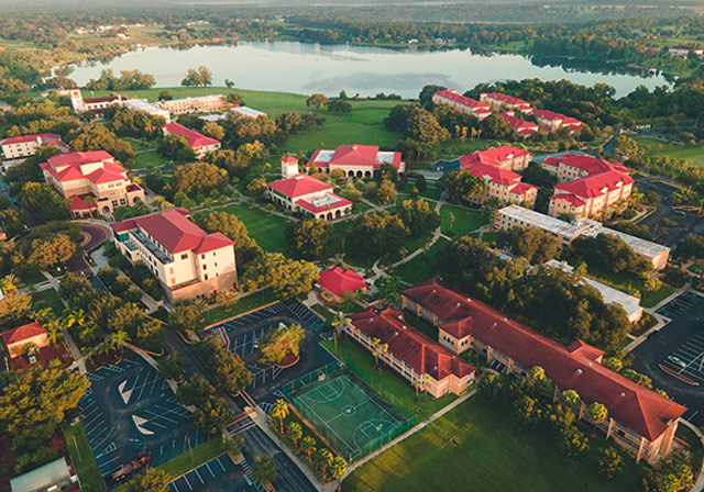 Saint Leo University aerial view of campus near the lake
