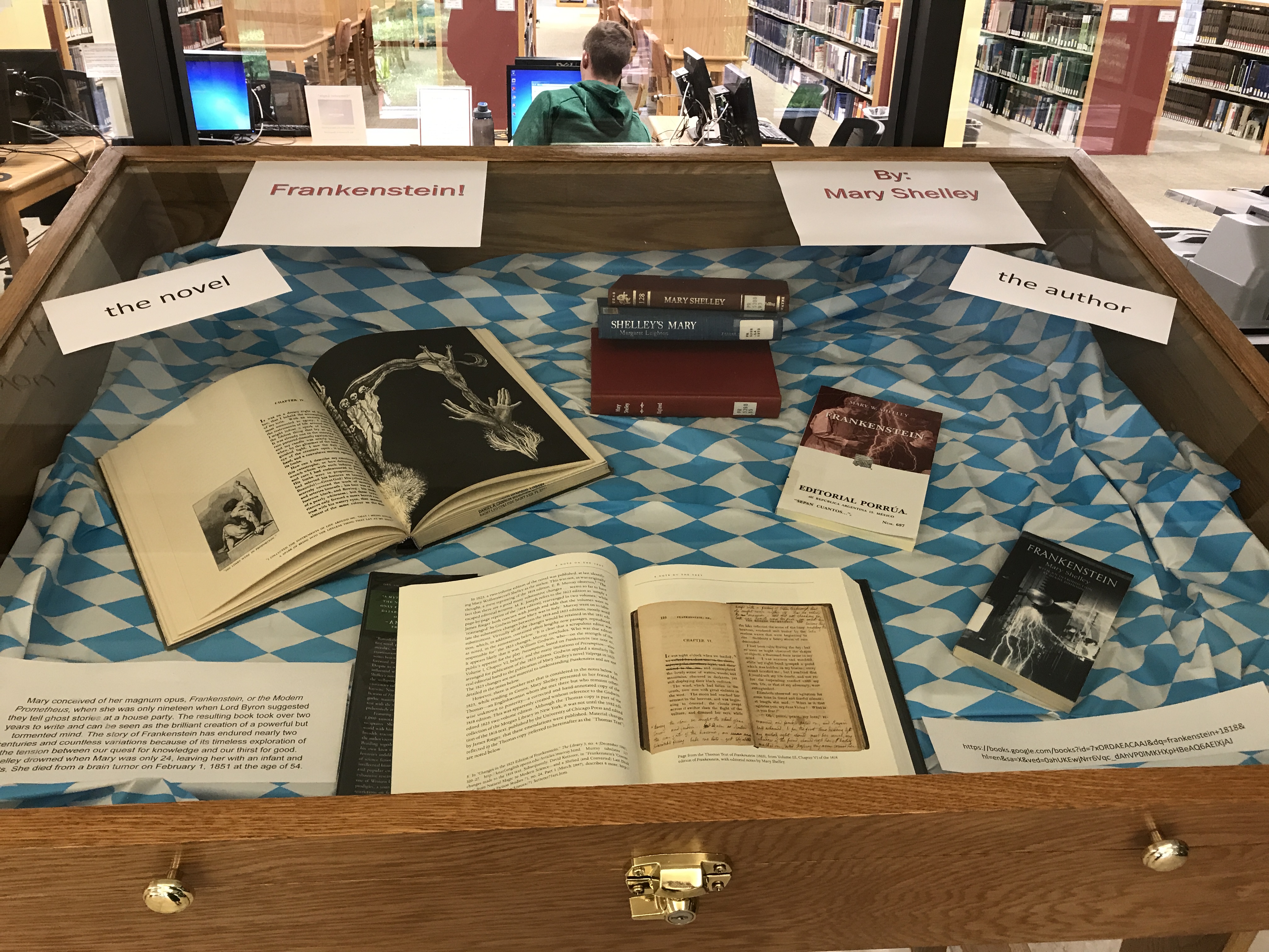 A display at Saint Leo's library on University Campus featuring Frankenstein for the 200th birthday of the character