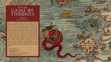 A poster promoting the 'Game of Thrones' class at Saint Leo University with an old medieval map in the background