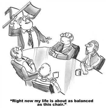 Saint Leo University Online, cartoon of business man balancing chair on head with tagline, "Right now my life is about as balanced as this chair."