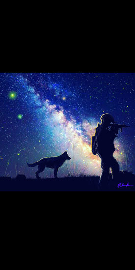 This digital painting, known as 'The Watch,' by Saint Leo alumnus Nathan Krekula shows a starry night with a soldier standing and aiming down the sights of his rifle. A dog is behind him.