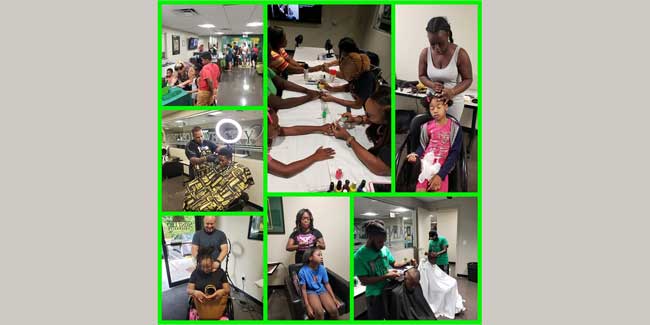 A photo showing a back-to-school drive at the Savannah Education Center with school supplies for local children