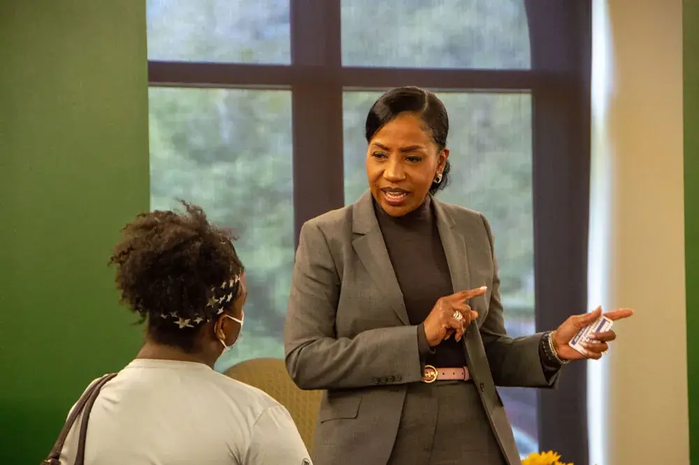 Chief C.J. Davis speaking with a student