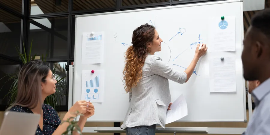 A teacher writing on a white board.