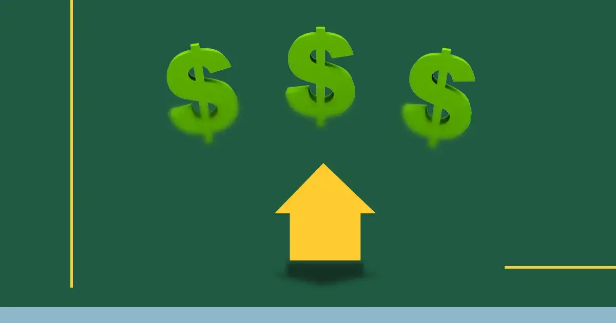 A graphic of an arrow pointing upward toward three dollar signs for the blog article on how to ask for a raise, when to ask for a raise, and how much of a raise to ask for at work