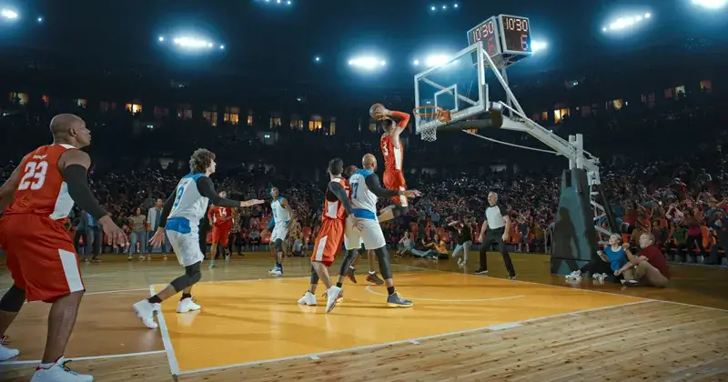 A photo of an arena with a basketball game being played on the court for the blog article on careers in sports facilities management