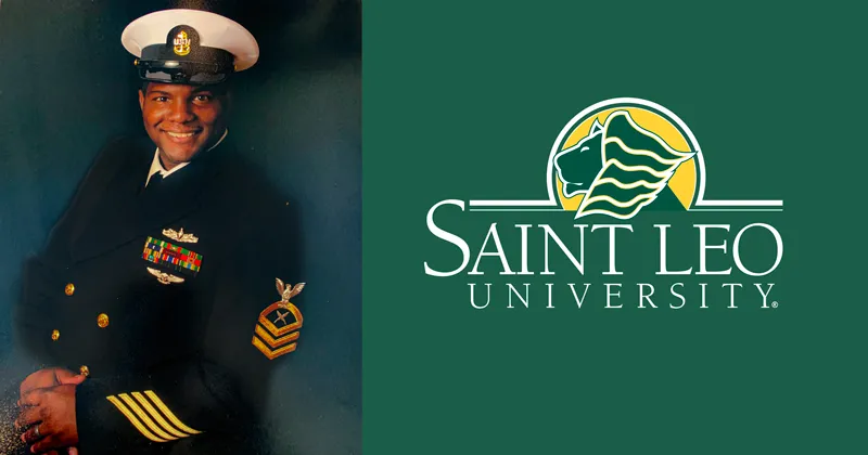 A photo of Sebastian Andrews, a Saint Leo University criminal justice degree alumnus, wearing his Navy uniform and smiling