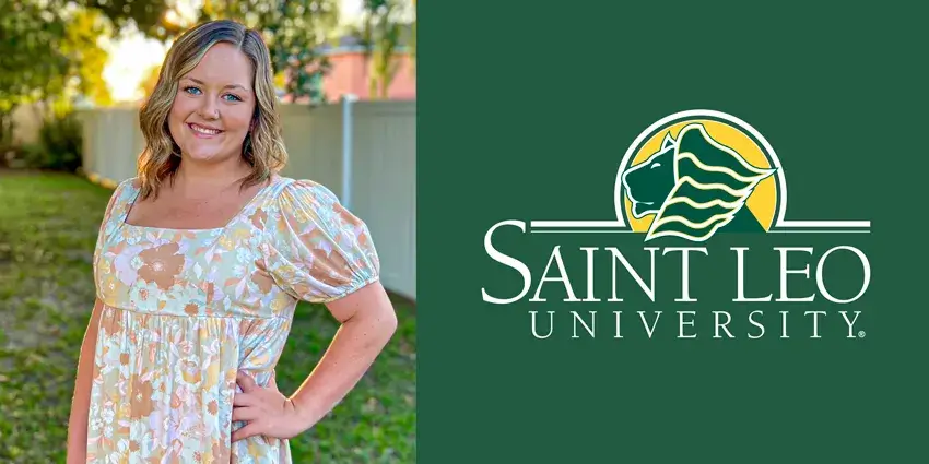 A photo of Allyson Musser, a senior Saint Leo University BS in accounting major, wearing a flowery dress and touching her hip with her arm