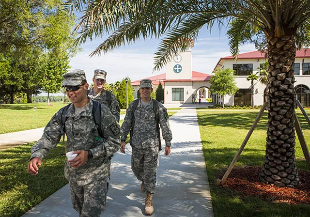 Military students walk across Saint Leo campus.