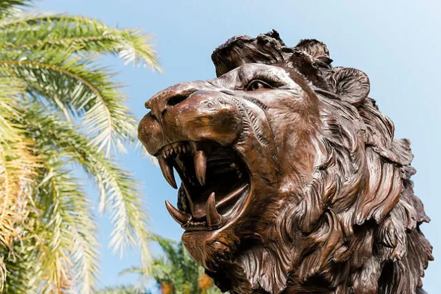 Closeup of lion sculpture at Saint Leo University