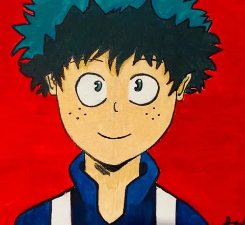 A photo of one of Ashley Griffith’s paintings; this one is a male character from the anime series “My Hero Academia” who looks happy and is smiling