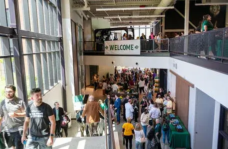 Saint Leo students in a building