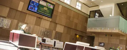 Inside the lobby of the Tapia College of Business