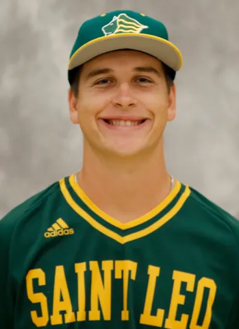 A head shot of Andy Booth, a Saint Leo University sport business degree student and pitcher for the Saint Leo baseball team, wearing his Saint Leo Lions uniform