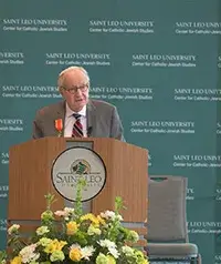 Rabbi A. James Rudin speaks after receiving the Papal Knighthood of the Order of St. Gregory. His speech is entitled “All Real Living is Meeting.”