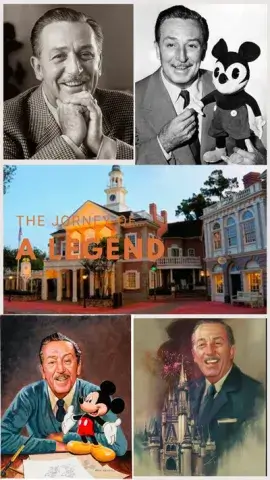 A postcard of Walt Disney smiling and posing for a photo with a park in the background from the Disney World theme parks in Orlando