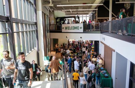 Saint Leo students in a building