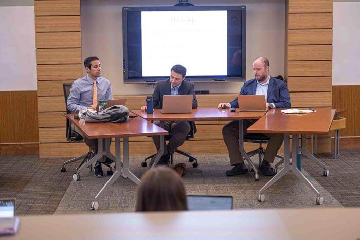 A photo of the three professors in the Faith and Politics class at Saint Leo University offered in the spring of 2023: Drs. Timothy Jussaume and Stephen Okey, along with Prof. Frank Orlando
